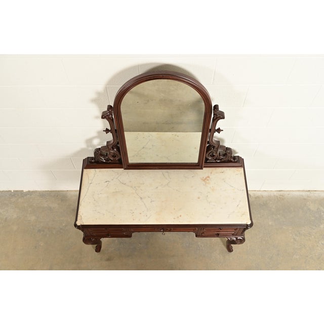 Alexander Roux Antique French Rococo Carved Mahogany and Marble Top Vanity Dressing Table With Mirror, Newly Refinished For Sale - Image 11 of 14