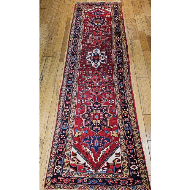 Vintage Persian Heriz Wide Runner, Hand-Knotted Wool, Geometric Design, Red & Navy, 4x12 For Sale - Image 11 of 18