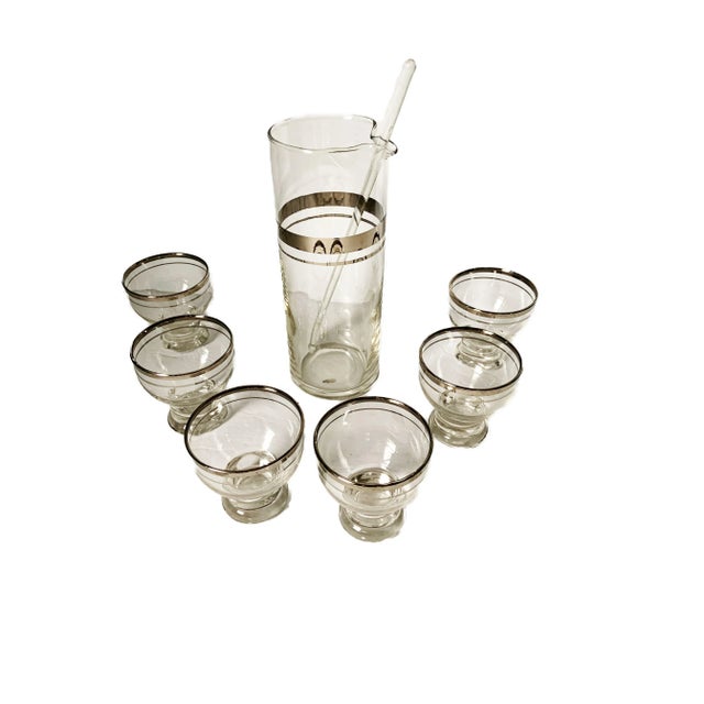 Mid-Century Modern Vintage 1950's Platinum Band Atomic Cocktail Pitcher Set- 8 Pieces For Sale - Image 3 of 6