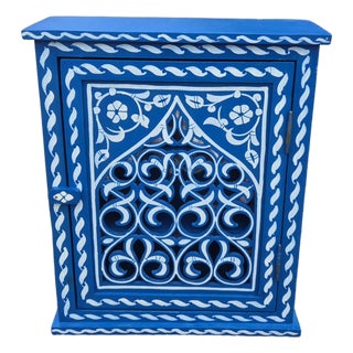 Hand Painted Mediterranean Medicine Cabinet / Wall Shelf / Royal Blue and White Zouak For Sale