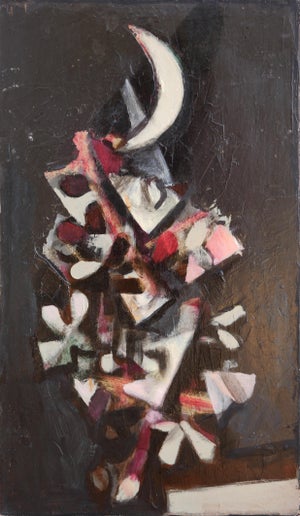 David Adickes "Abstract Leaves, Moon Against Black" Modern Abstract Cubist Still Life Painting, 20th Century