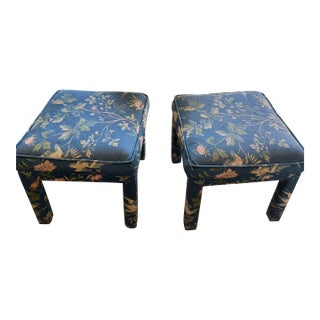 Pair of Vintage Parsons Ottomans in Chinoiserie Bird & Botanical Print For Sale