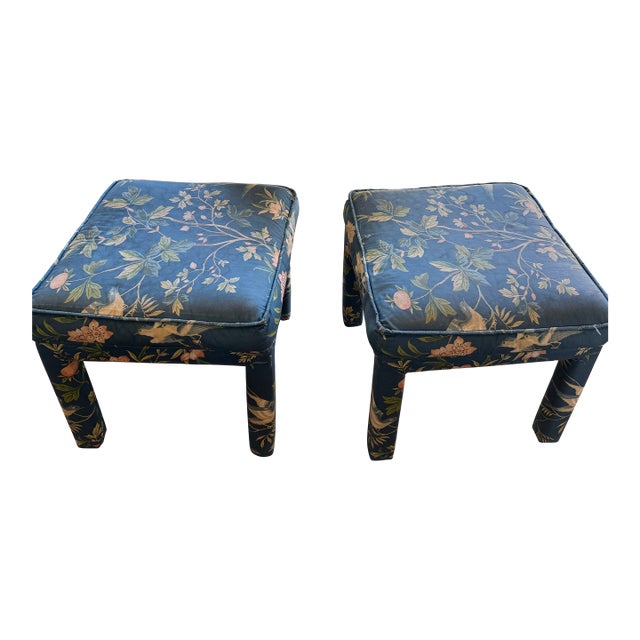 Pair of Vintage Parsons Ottomans in Chinoiserie Bird & Botanical Print For Sale