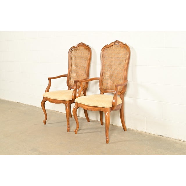 French Provincial Thomasville French Provincial Louis XV Carved Walnut and Cane Back Armchairs, Pair For Sale - Image 3 of 14