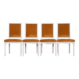 Antique French Louis XVI Style Square Back Painted Dining Chairs W/ Mustard Velvet - Set of 4 For Sale