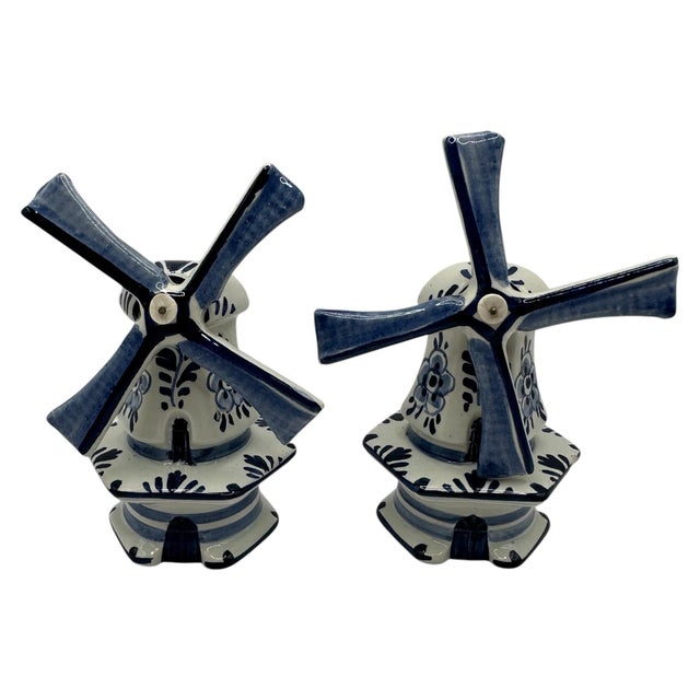 Vintage Ceramic Delft Blue and White Windmill Figurines - A Pair For Sale - Image 9 of 12