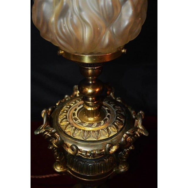 Brown Gothic Revival Bronze Three-Handled Urn Table Lamp with Vianne Flame Shade For Sale - Image 8 of 18