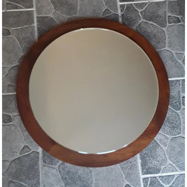 Vintage Round Wall Mirror with Frame in Teak, 1970s For Sale - Image 6 of 6