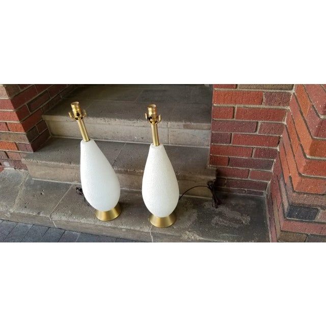 Mid-Century Modern White Ceramic and Brass Table Lamps - a Pair For Sale - Image 9 of 13