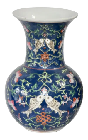 1940s Japanese Enamelled Ceramic Hand Painted Peaches and Fish Trumpet Vase