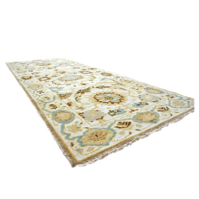 Islamic 21st Century Afghan Sultanabad Wool 3x6 Ivory, Light Blue & Gold Handmade Runner Rug #1143914 For Sale - Image 3 of 6