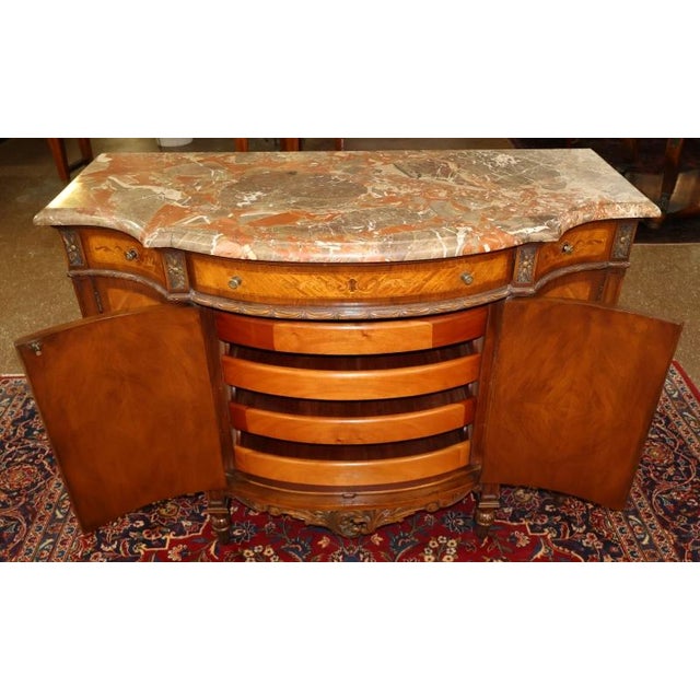 1920's French Louis XVI Style Marble Top Satinwood Inlaid Chest Dresser Commode For Sale - Image 13 of 15