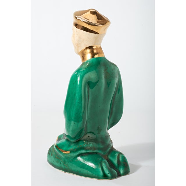 Vintage Ceramic Figurine of Kneeling Chinese Man in Green and Gold For Sale In Phoenix - Image 6 of 9