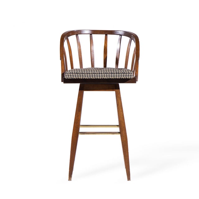 Mid 20th Century Edward Wormley for Dunbar Mid Century Mahogany and Brass Barstools - Set of 3 For Sale - Image 5 of 11