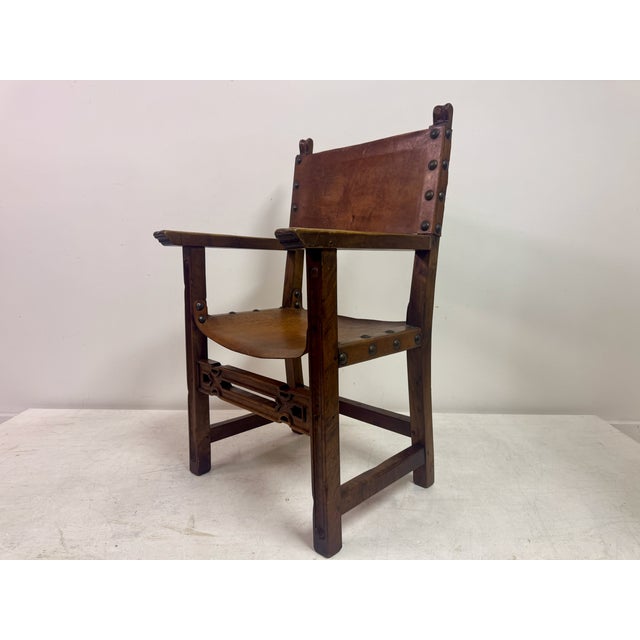 1950s Vintage Spanish Walnut and Leather Armchair, 1950s For Sale - Image 5 of 16