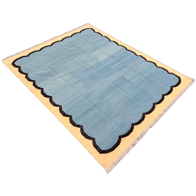 Mid-Century Modern Handmade Cotton Scalloped Edge Rug, Teal Blue, Black and Cream Bordered Dhurrie- 8'x10' For Sale - Image 3 of 13