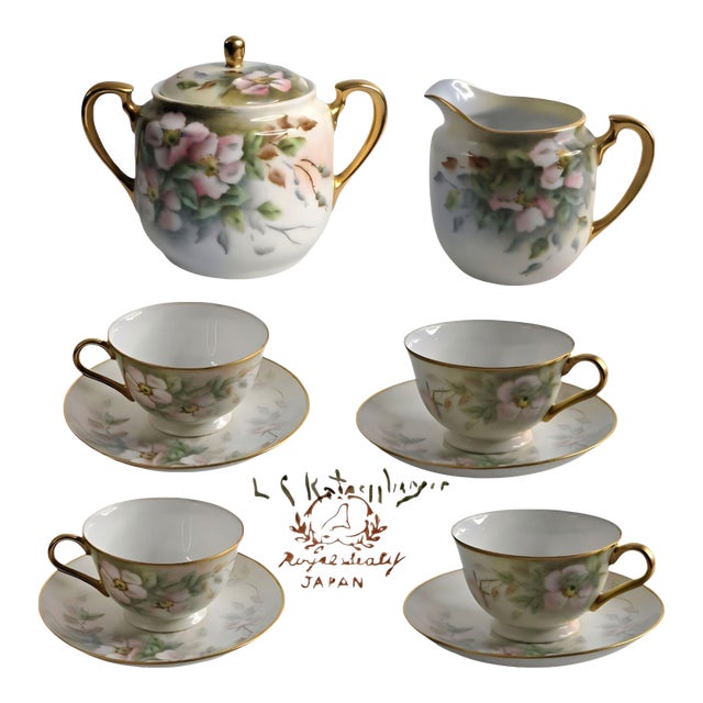 1950s Royal Sealy Japan 11pc Tea Set Hand Painted Floral Gold l.s. Katsushige - Set of 10 For Sale