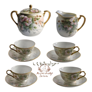 1950s Royal Sealy Japan 11pc Tea Set Hand Painted Floral Gold l.s. Katsushige - Set of 10
