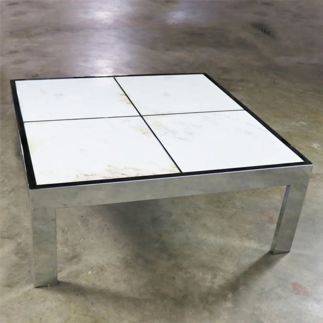 Pace Collection Modern Chrome and White Marble Coffee Cocktail Table Attributed to the Pace Collection For Sale - Image 4 of 9