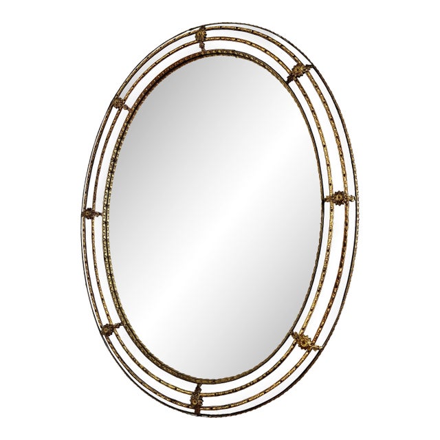 Vintage Spanish Venetian-Style Wall Mirror, Oval, Brass, 1980s Hollywood Regency For Sale