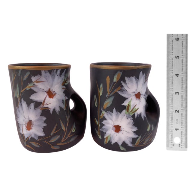 Mid-Century Vallauris Black White Floral Blossoms Terracotta Mugs- A Pair For Sale - Image 18 of 18