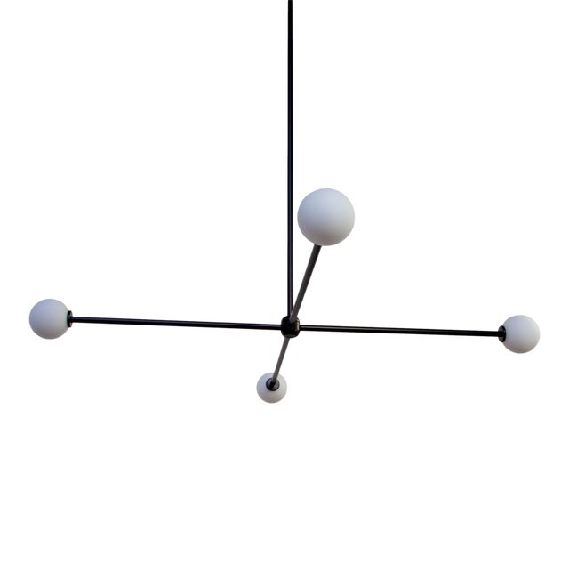 Globe 4 Chandelier, 39.25in Tall, Black, Modern, 3 Inches Glass Globes, by Research.Lighting, Modern, Minimal Hanging Light, Floor Model For Sale