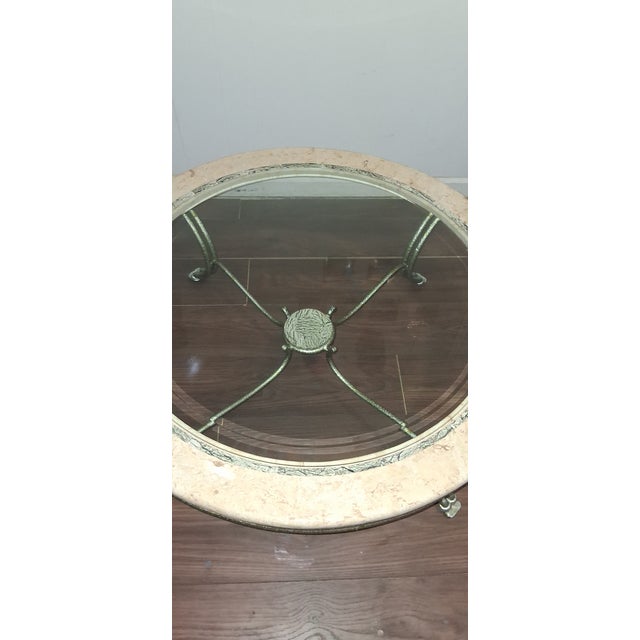 Modern Maitland Smith Style Round Stone & Beveled Glass Coffee Table W/Burnished Silver Legs For Sale - Image 3 of 11
