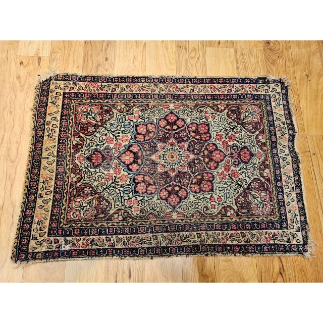 Cream 19th Century Persian Kerman Lavar Rug, Hand-Knotted Wool, Floral Pattern, Ivory & Burgundy, 2x3 For Sale - Image 8 of 9