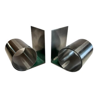 1970s Mid-Century Modern Brushed Chrpme “Bookworm” Steel Coil Bookends - A Pair For Sale