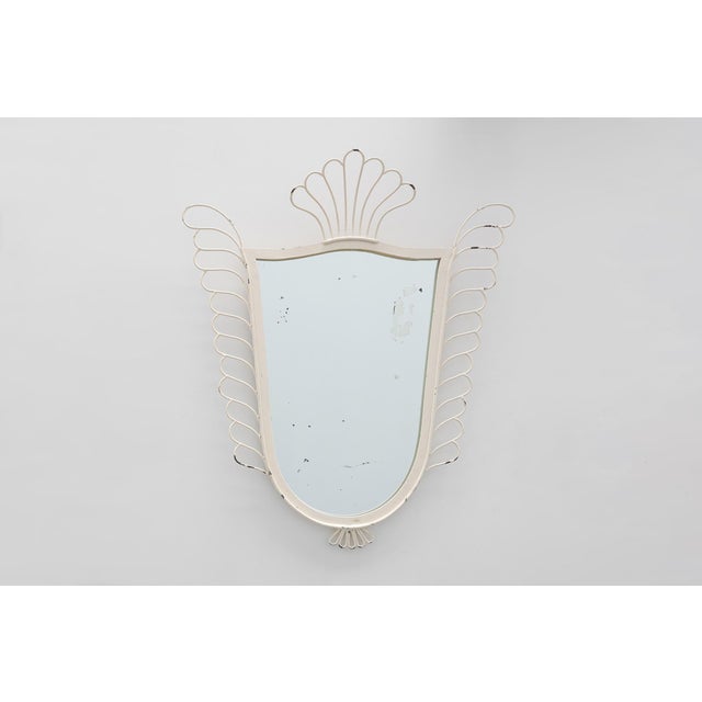 French White Lacquered Metal Mirror with Looped Wire Frame and Fan Crest, 1950s For Sale - Image 13 of 13