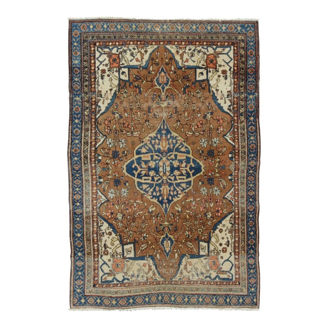 Vintage Turkish Rug With Central Medallion in Beige, Brown & Blue - Rug & Kilim For Sale