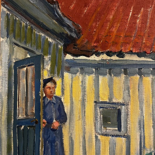 Mid Century Courtyard Oil Painting Husband and Wife For Sale - Image 4 of 12