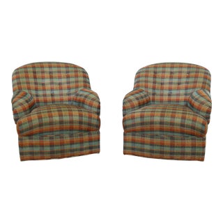 Pair Modern Design Custom Upholstered Swivel Club Chairs For Sale