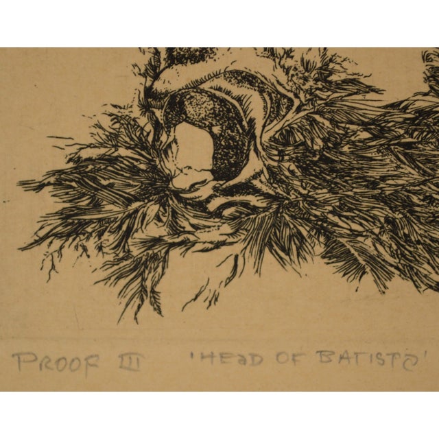 "Head of Batista", a mid-century modern miniature abstract etching by California artist Richard W. Downs...