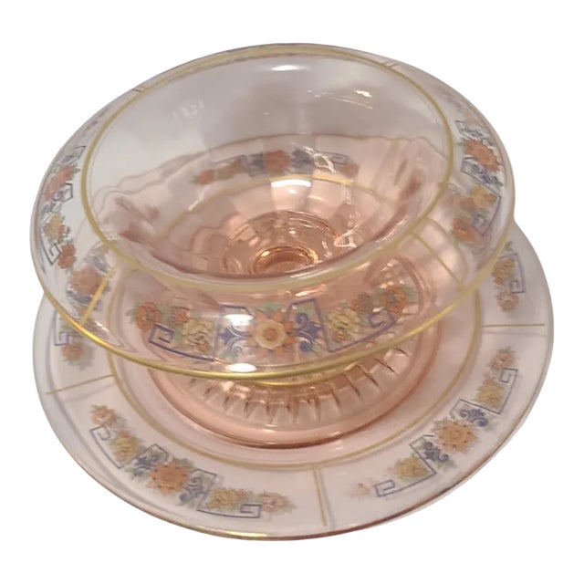 Vintage Retro Pink Depression Glass Floral Edge Pedestal Compote & Underplate For Sale