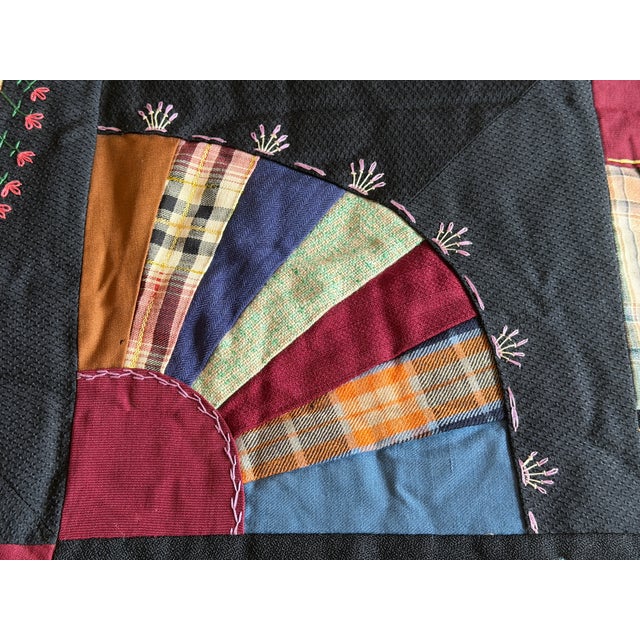 1920s Crazy Quilt Fan Pattern With Embroidered Date and the Word Mother 69" X 80" For Sale In Charlotte - Image 6 of 17