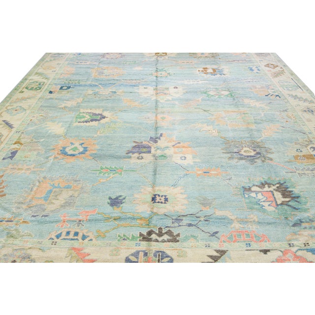 Modern Modern Turkish Oushak Blue Handmade Floral Oversize Wool Rug For Sale - Image 3 of 11