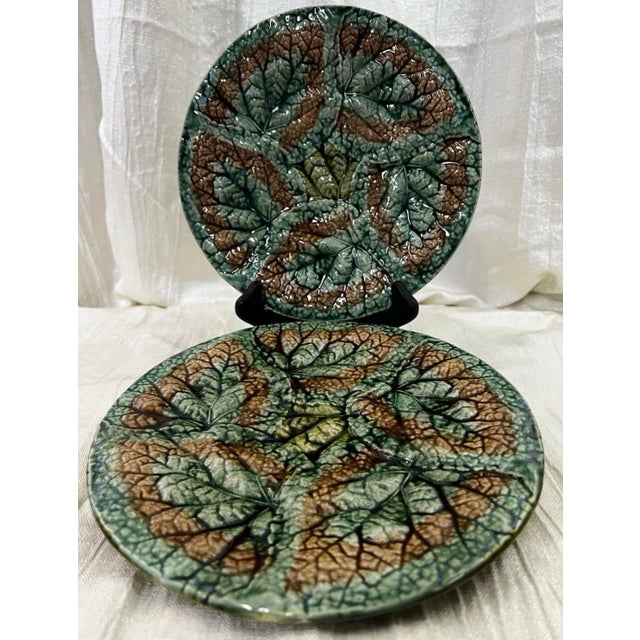 Antique 1879 Griffen Smith Hill Begonia Majolica Plates – Etruscan Pottery Pair For Sale In Portland, OR - Image 6 of 9