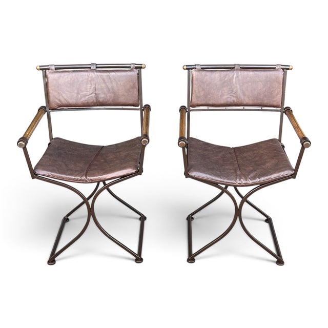 Wood Vintage Baroque Revival Brown Campaign Armchairs With X Frame - A Pair For Sale - Image 7 of 17