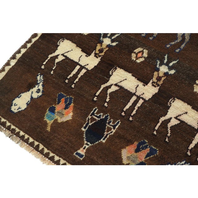 1950s 1950s Vintage Gabbeh Tribal Rug in Beige-Brown With White Animal Pictorial Patterns For Sale - Image 5 of 8