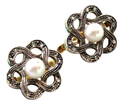 Gold and Silver Flower-Shaped Earrings with Diamond Chips, Set of 2