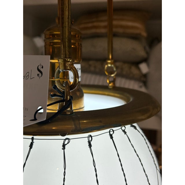 Late 20th Century Unlacquered Brass Hood Classic Pendant With 12-Inch Opal Globe With Wire Mesh For Sale - Image 12 of 12
