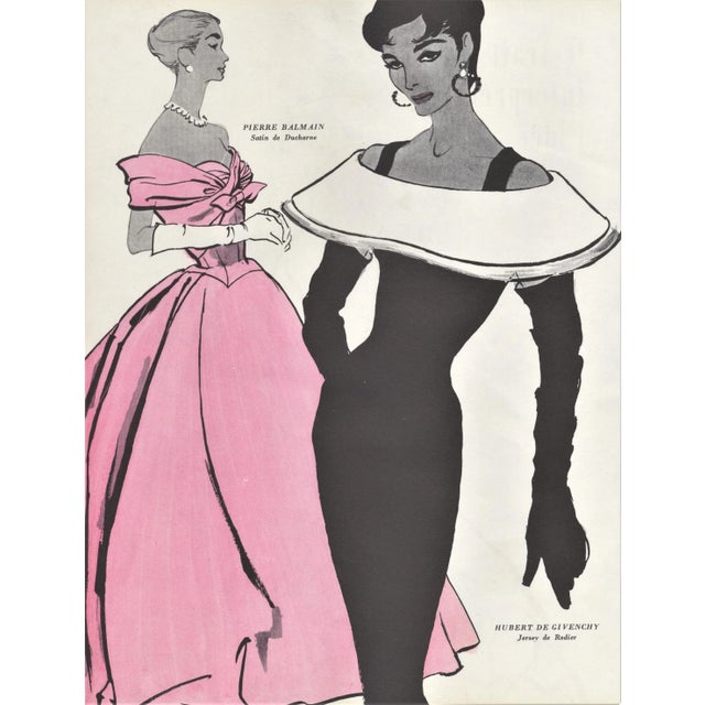 Matted Mid-Century 1953 Haute Couture Givenchy, Balmain Fashion Print For Sale