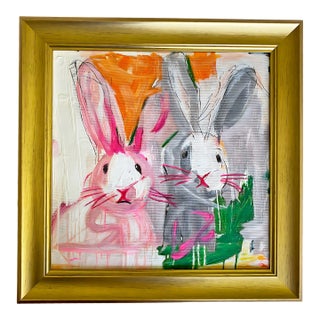 Bunny Hop Original Art Comes Framed in Victorian-Style Gold Gilded Frame Painted With Acrylic by Tatiana Duperault For Sale
