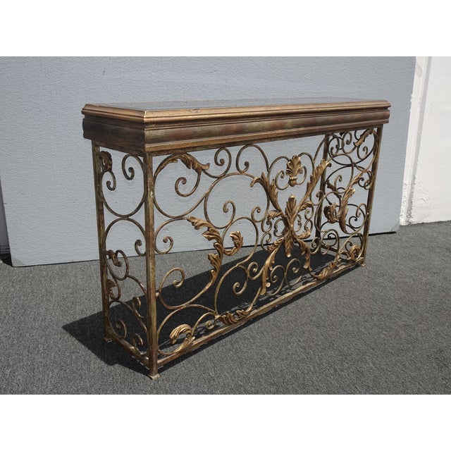 Vintage Ornate Iron & Metal Gold Scrolled Console Entry Table W Veined