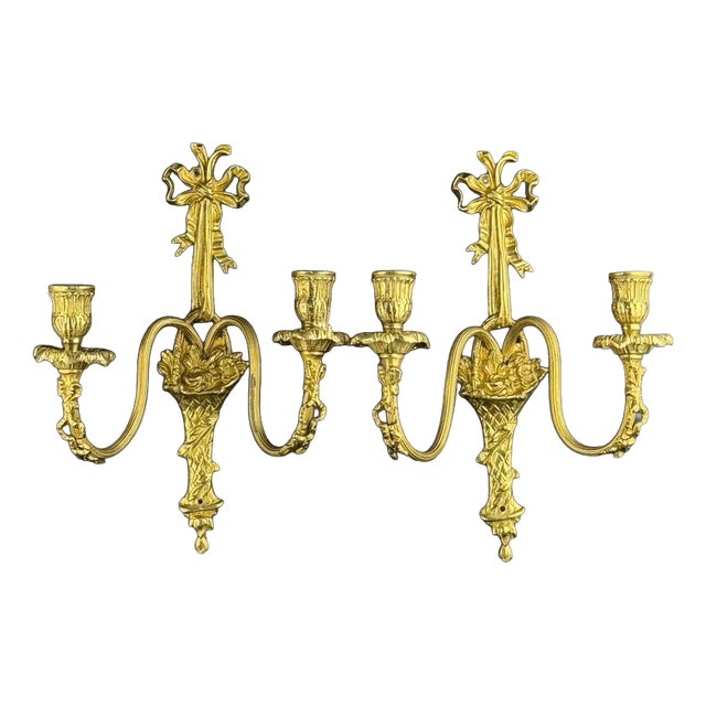 French Louis XVI Gilt Bronze Bow and Flower Basket Wall Sconces, Set of 2 For Sale