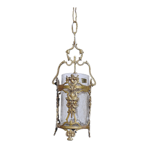 Vintage Brass Lantern With Crackled Glass Shade