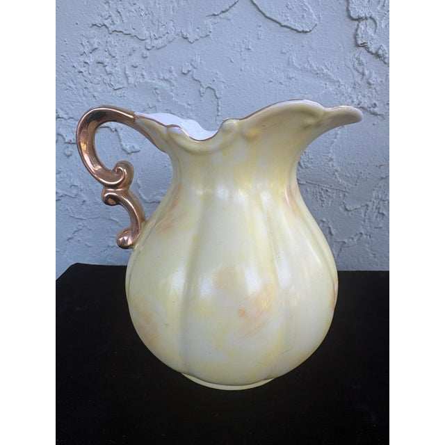 Yellow Vintage Hand-Painted Japanese Porcelain Pitcher & Basin Set With Gilt Scroll Handle – Yellow Rose Motif For Sale - Image 8 of 12