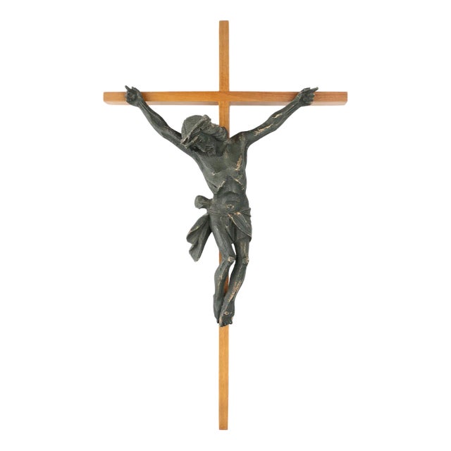 Antique Realistic Wooden Crucifix, France, 1850 For Sale