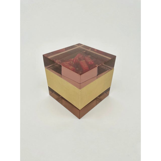 Plastic Purple Acrylic & Gold Metal Cube Box by Alessandro Albrizzi, Italy, 1970s For Sale - Image 7 of 15